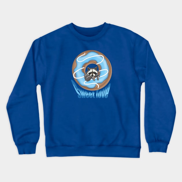 Sweet Love Cute raccoon and Yummy donut Blue Crewneck Sweatshirt by KateQR